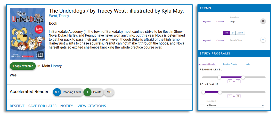 Example OPAC record showing Lexile and Accelerated Reader data